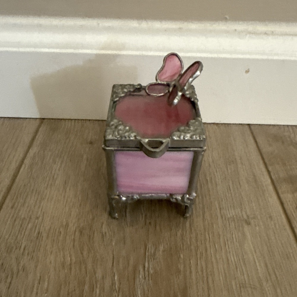 Vintage‎ Pink Iridescent Glass Square Trinket Jewelry Box w/Pink Butterfly 2"
